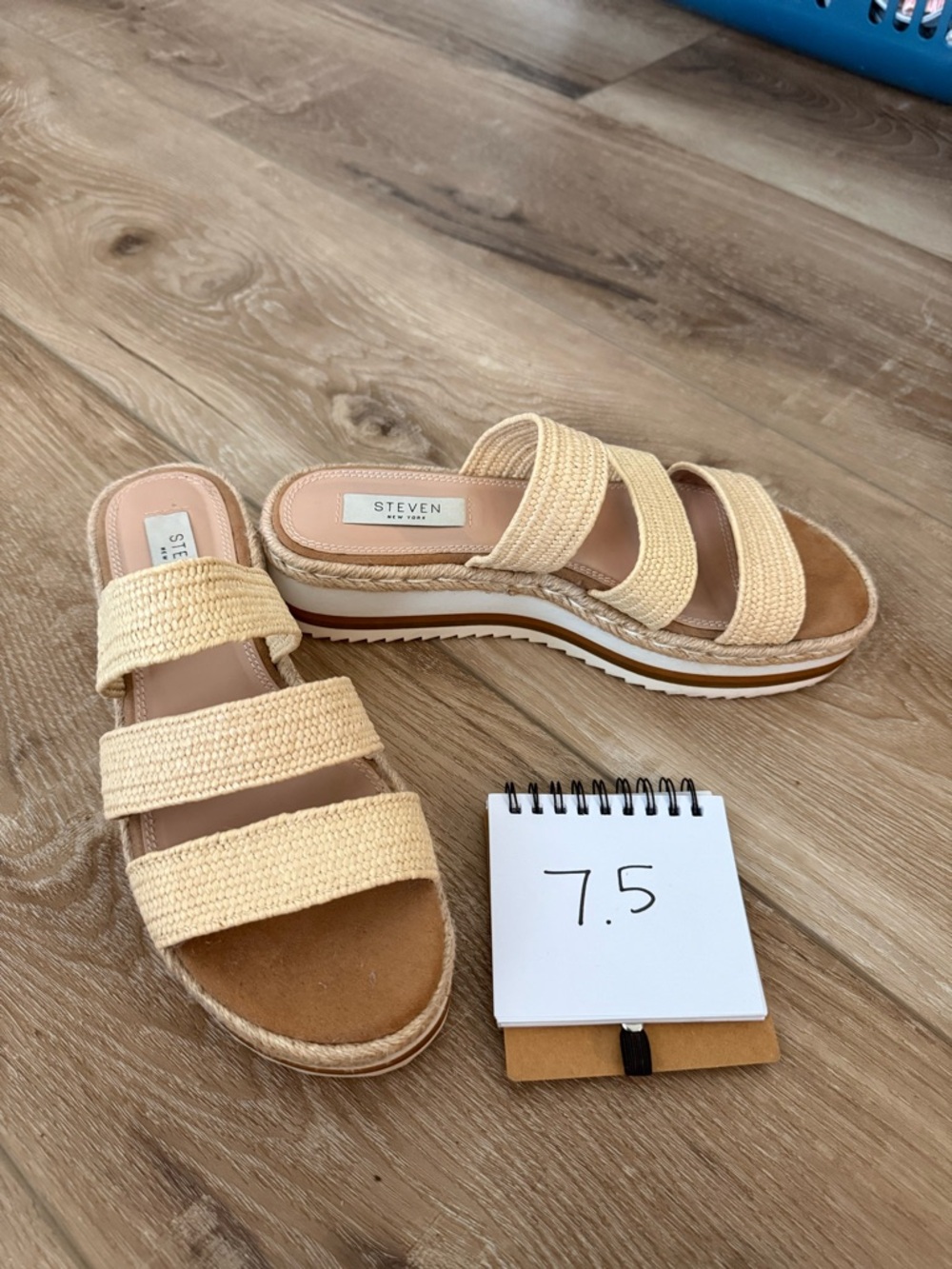 Steven By Steve Madden Cream Triple-Strap Raffia Platform Slide Sandals